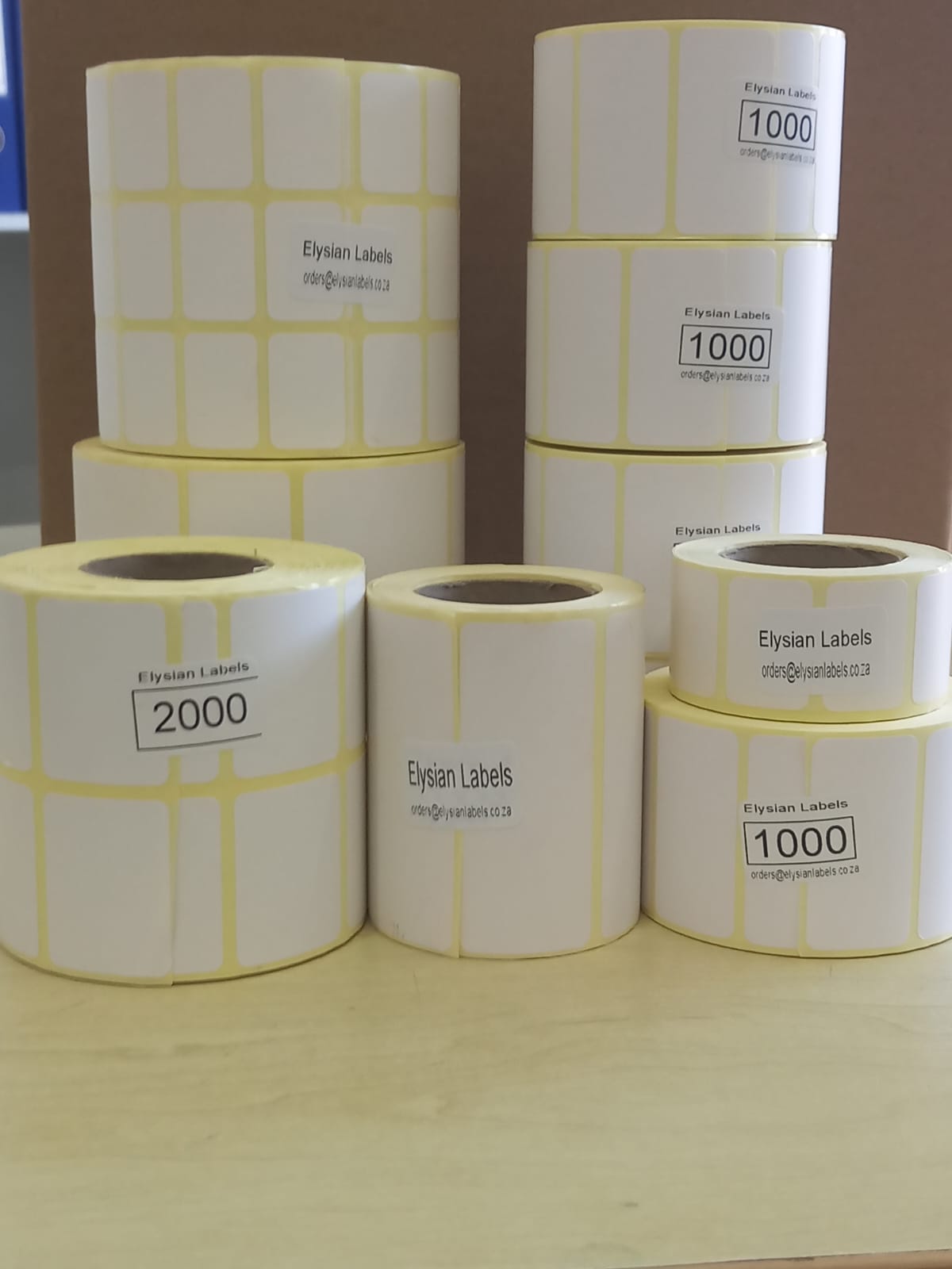 Elysian Labels direct thermal label rolls, stacked and ready for despatch